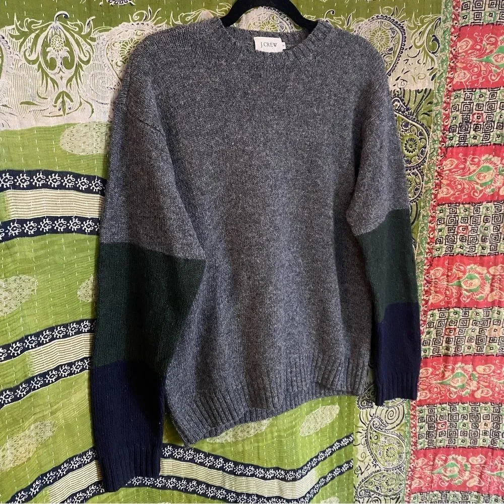 Vintage J. Crew Gray/ Colorblock 100% Wool Crewneck Pullover Sweater Size Small